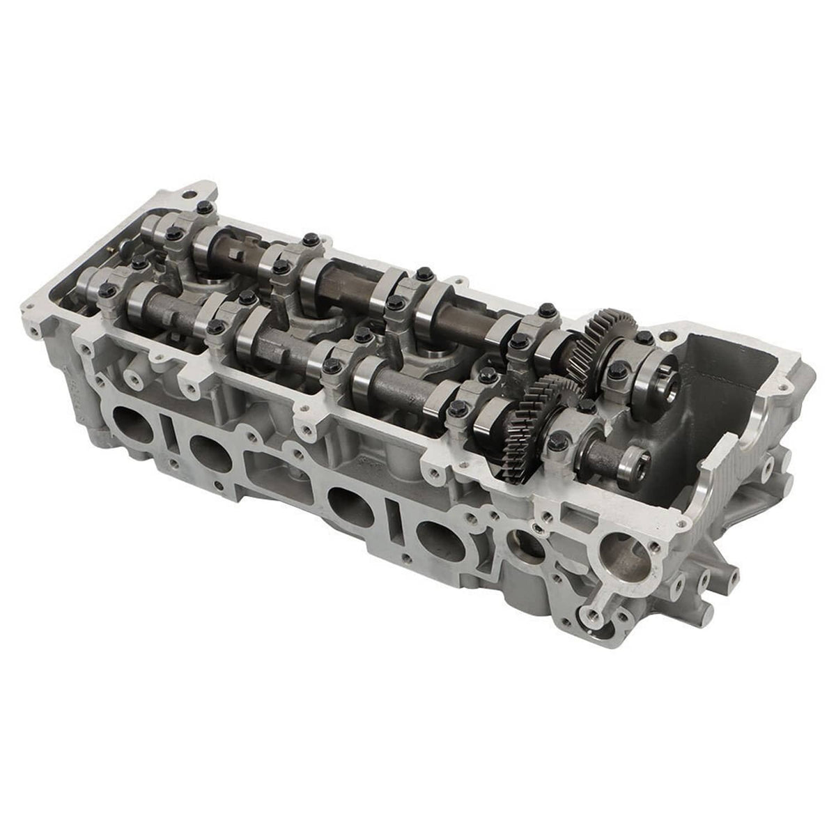 Cylinder head with camshafts and timing components, angled view