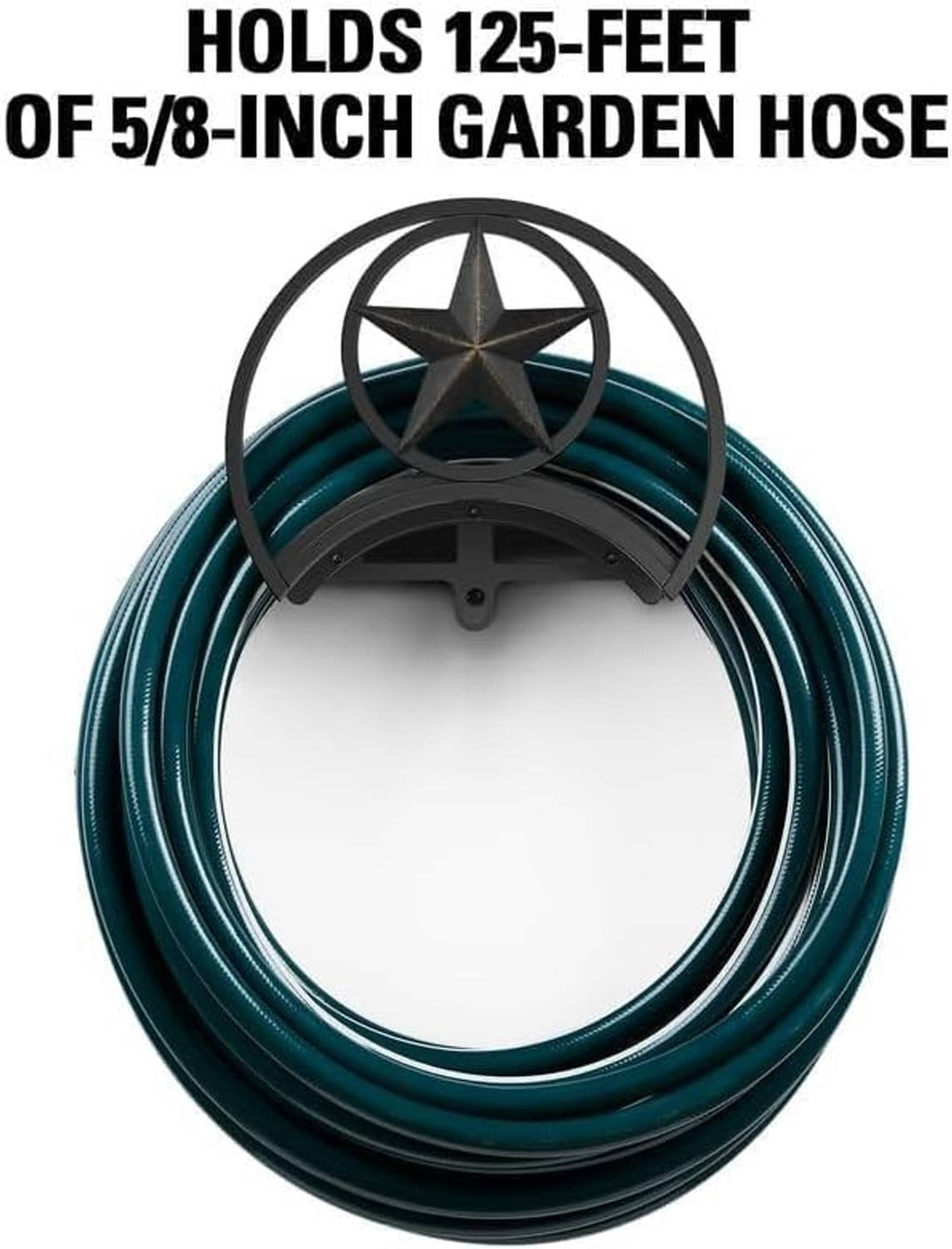 Decorative black hose wall holder with star emblem holding coiled teal garden hose