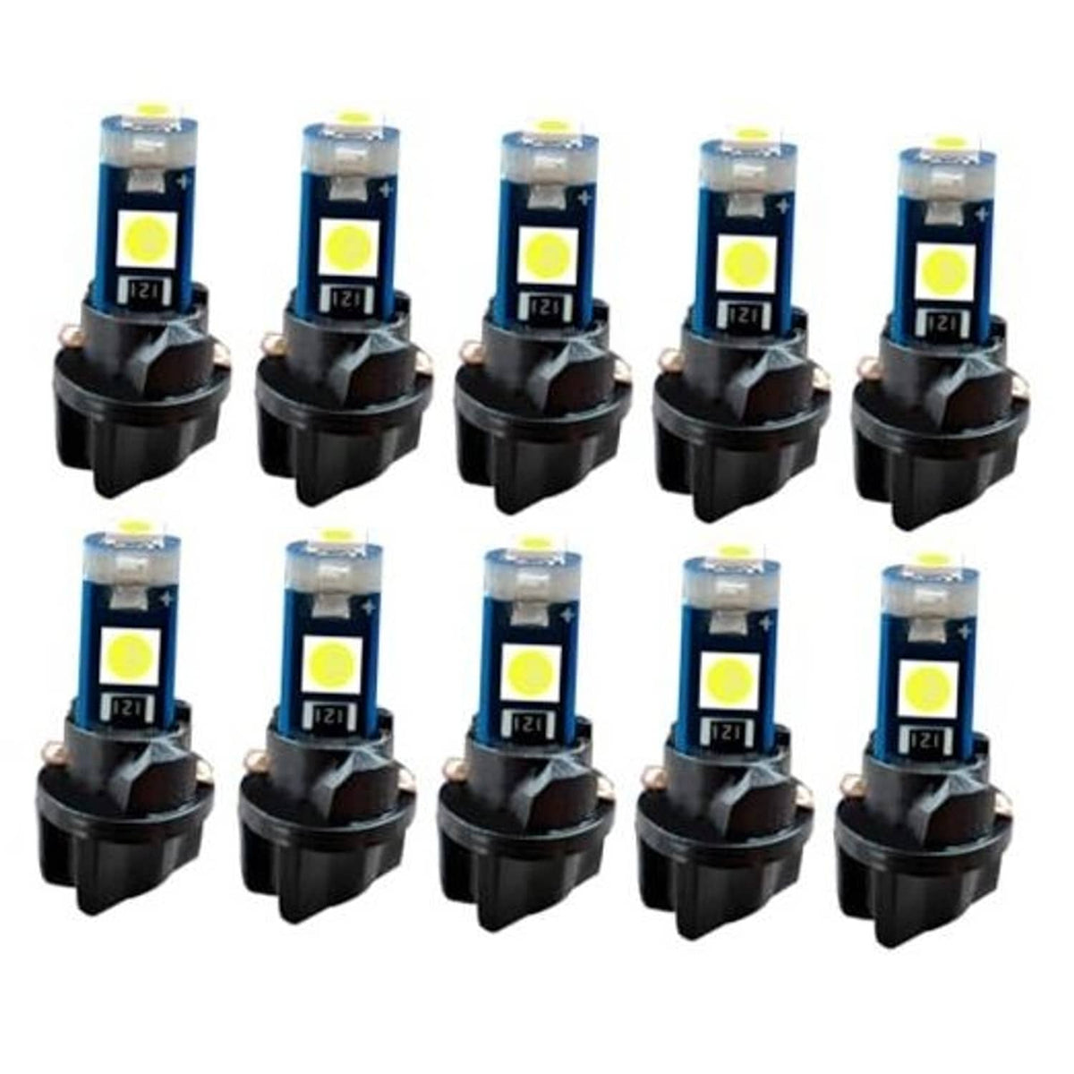 Set of LED T5 bulbs with twist-lock bases and blue modules, yellow LED chip tips
