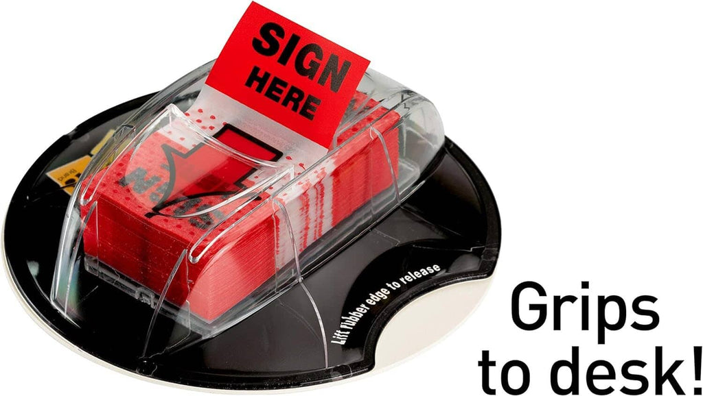 Desktop sign sticky note dispenser with black base and red notes, clear top