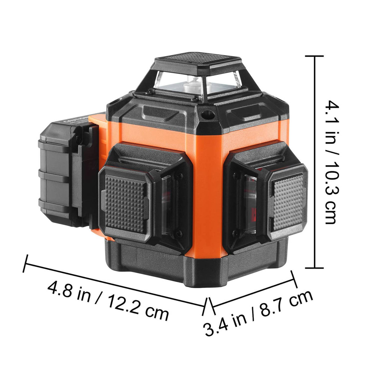 Orange and black cross-line laser level shown with size dimensions