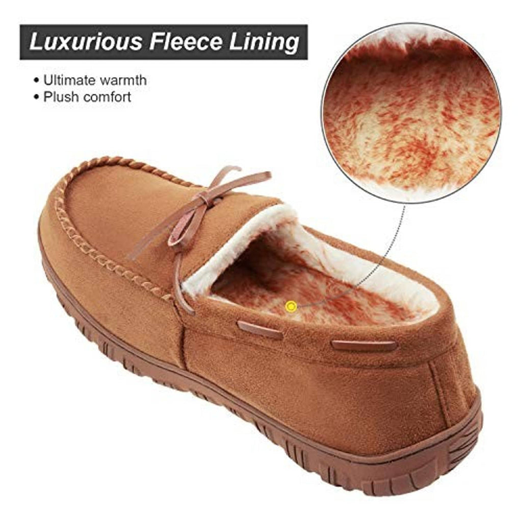 Brown moccasin slippers with open heel and plush interior lining