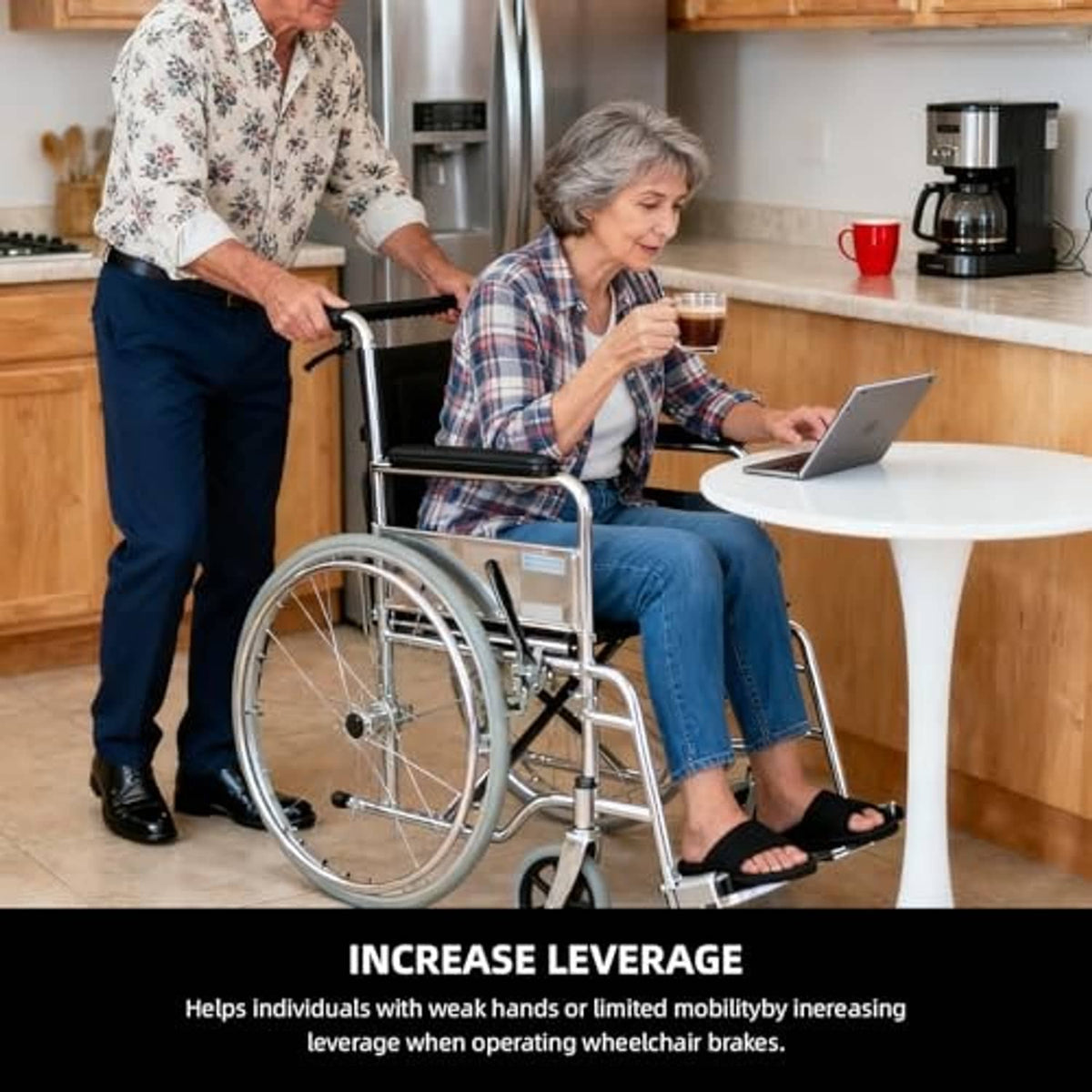 Wheelchair with black brake handle extenders used by seated person
