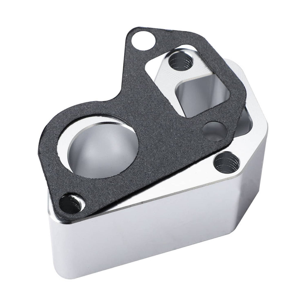 Silver water pump spacer block with black gasket insert and bolt holes