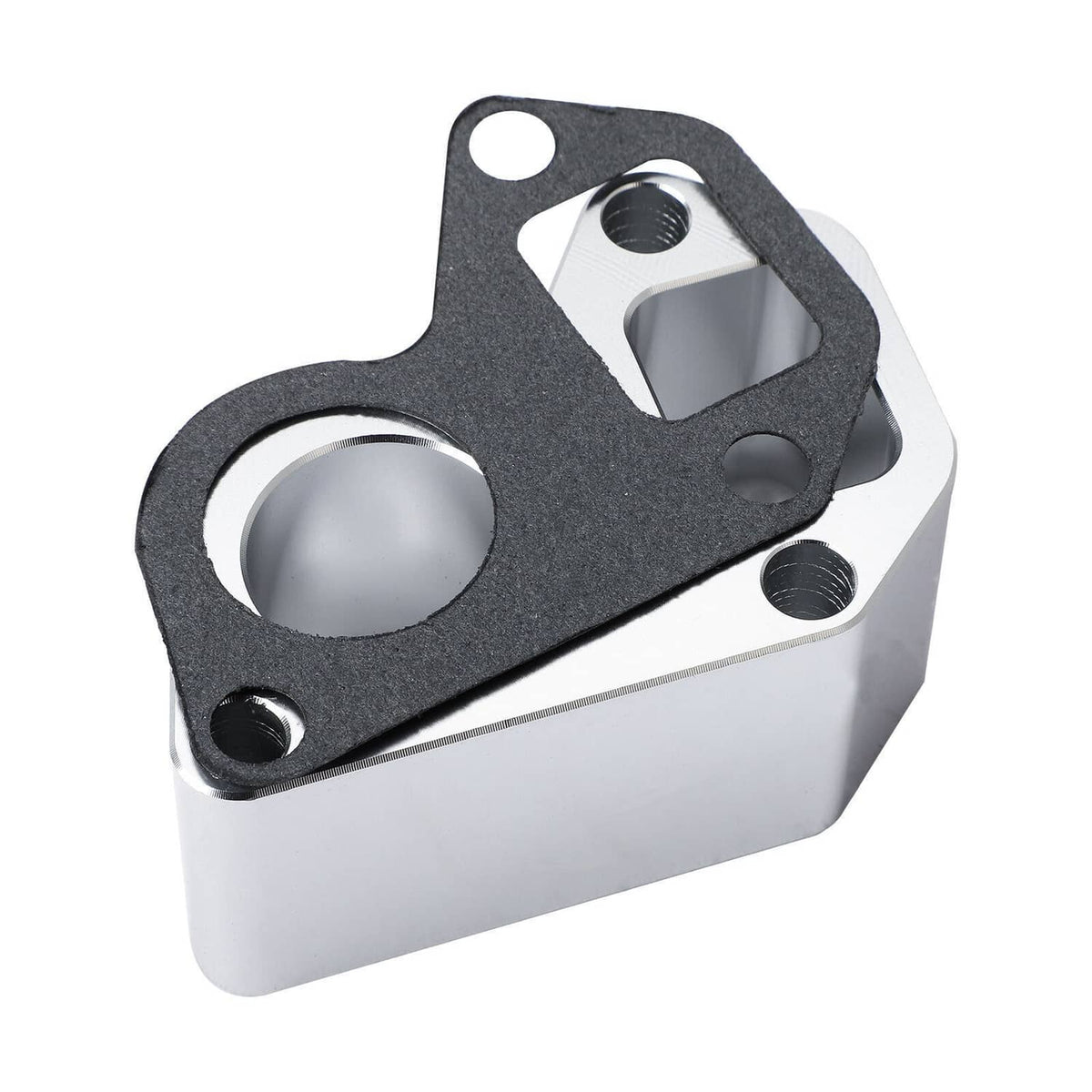 Silver water pump spacer block with black gasket insert and bolt holes