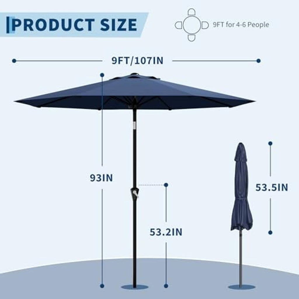 Navy 9ft patio table umbrella with open canopy and measurement diagram on pole