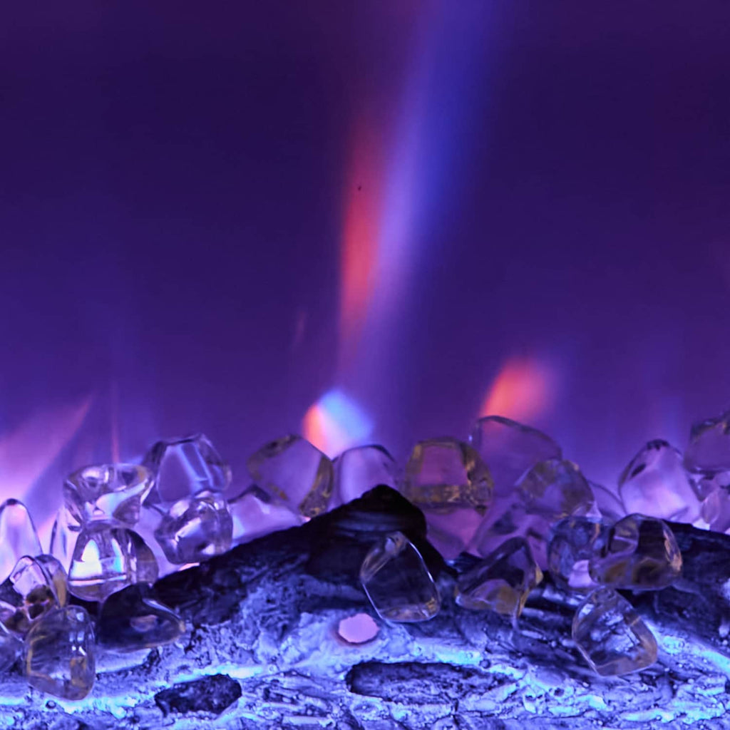 Electric fireplace crystal bed with blue and purple flame glow