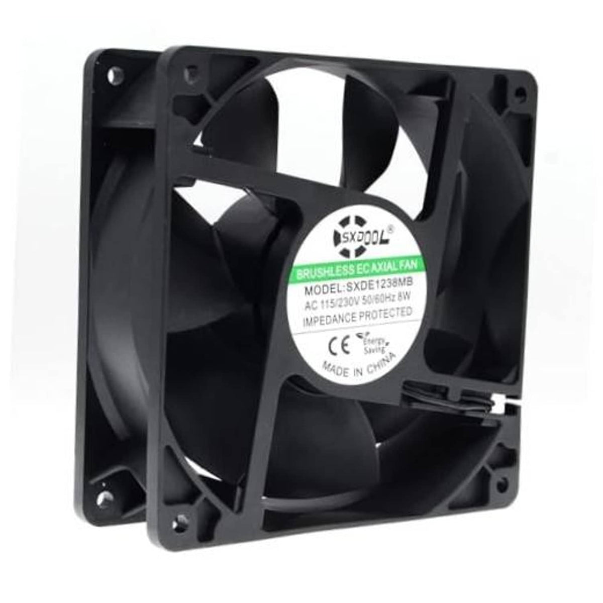 Black 120mm EC motor cooling fan with four-blade impeller in square frame