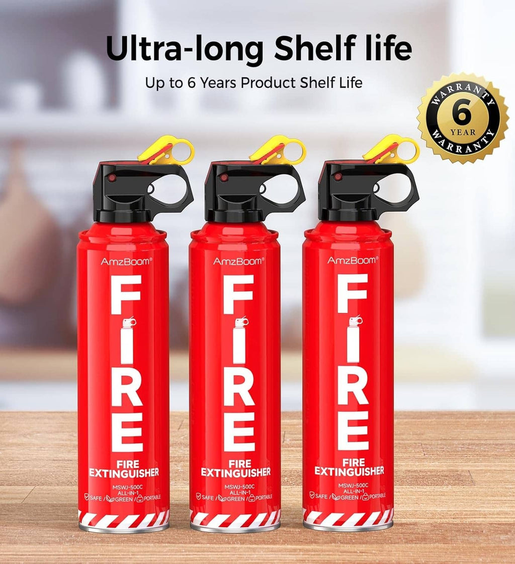 Set of three red AmzBoom fire extinguishers with black top handles