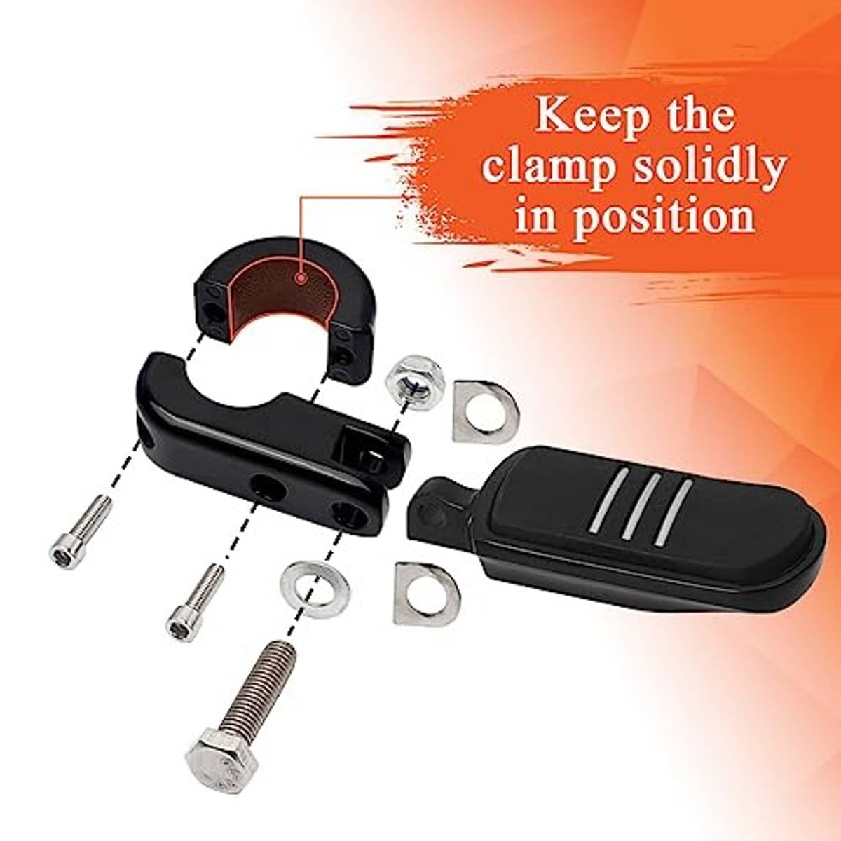 Gloss black adjustable footrest hardware kit with P-clamp bracket and bolts