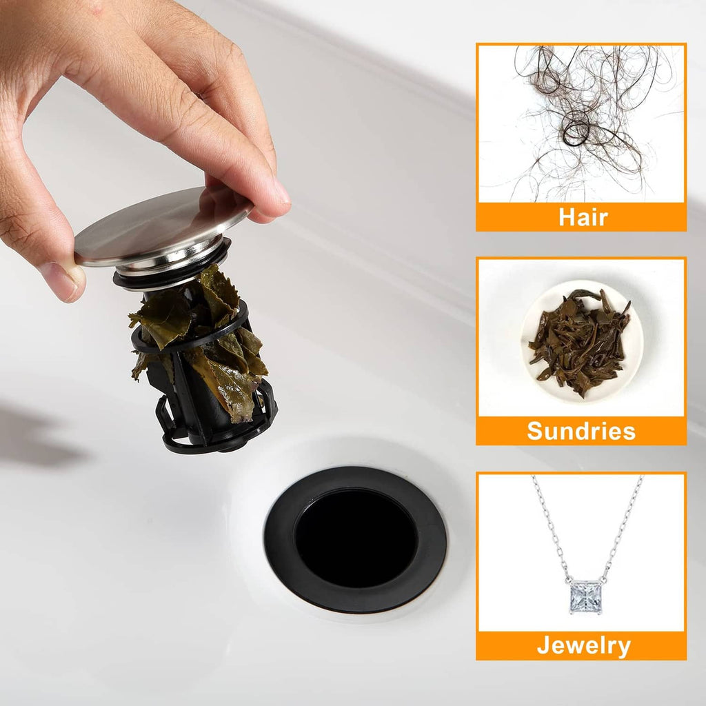 Brushed nickel pop-up vessel sink drain top over a drain opening with debris examples