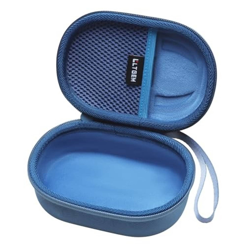 Blue hard-shell speaker case with molded interior and visible side zipper