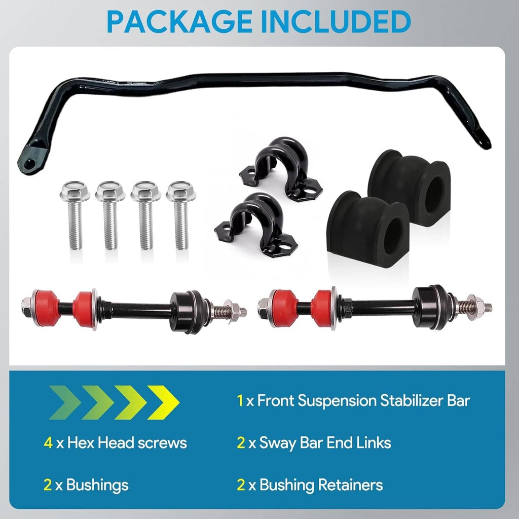 Front suspension stabilizer bar kit contents: black bar, links, bushings, and screws