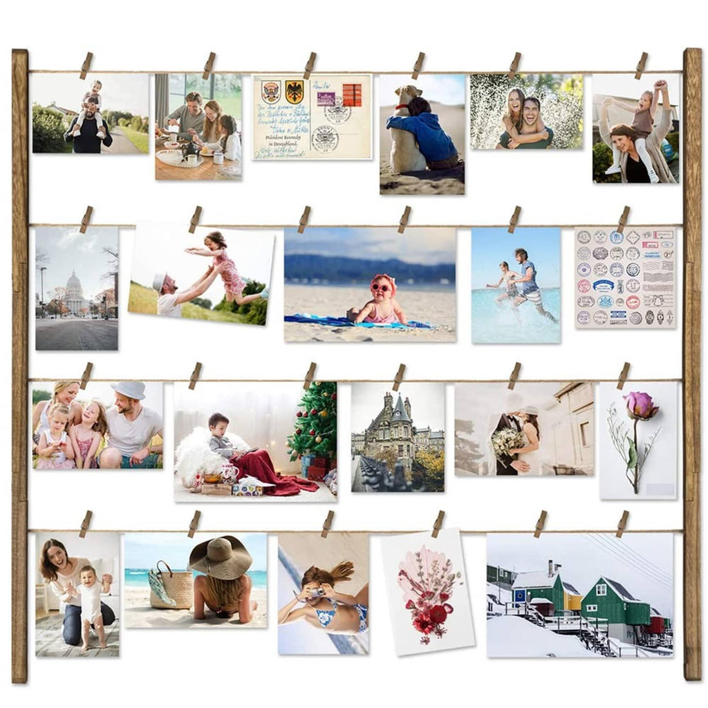 Wooden mini clothespins holding photos on a string line