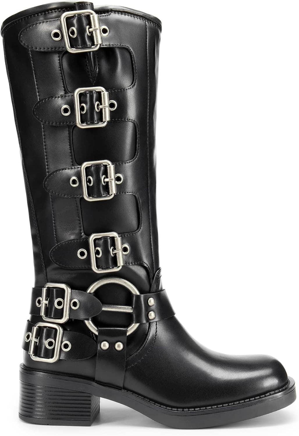 Black knee-high motorcycle boots with square toe, chunky heel, layered side buckle straps