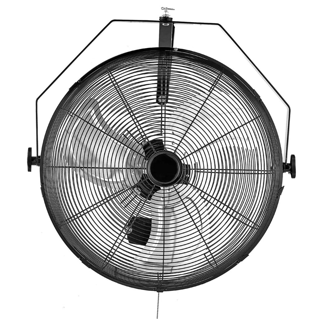 Industrial wall-mount fan front view with black wire grille and central motor hub