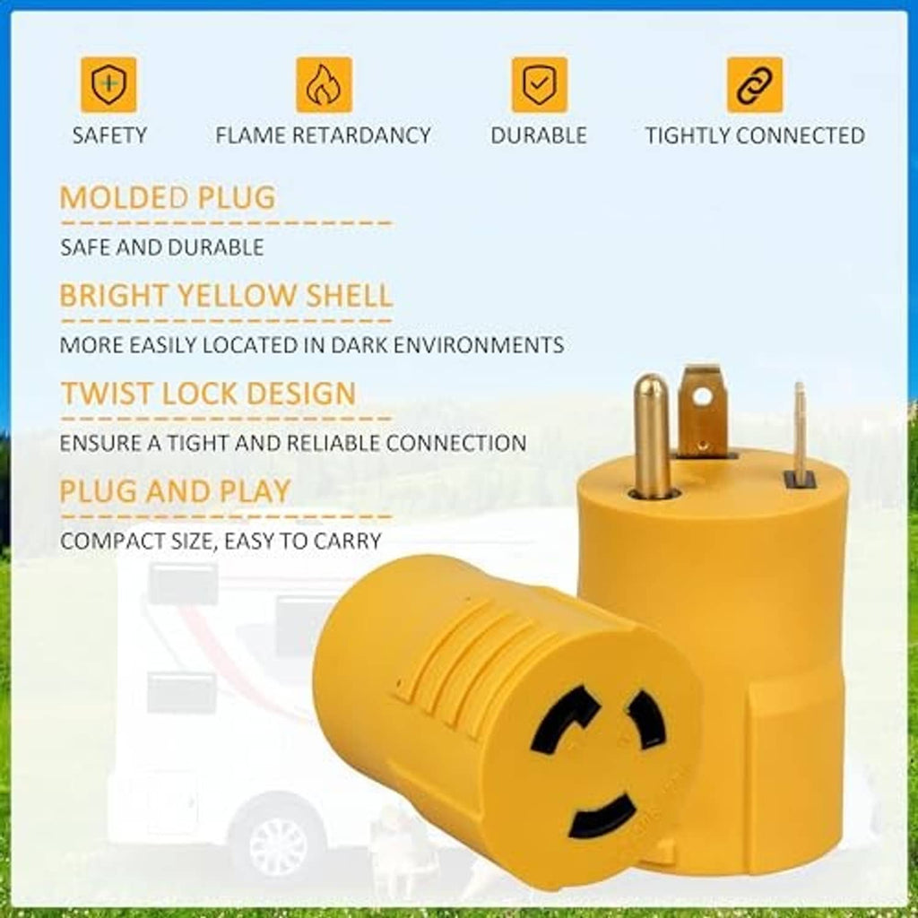 Yellow RV power adapter with bright shell, molded plug, and twist-lock 3-prong connector.