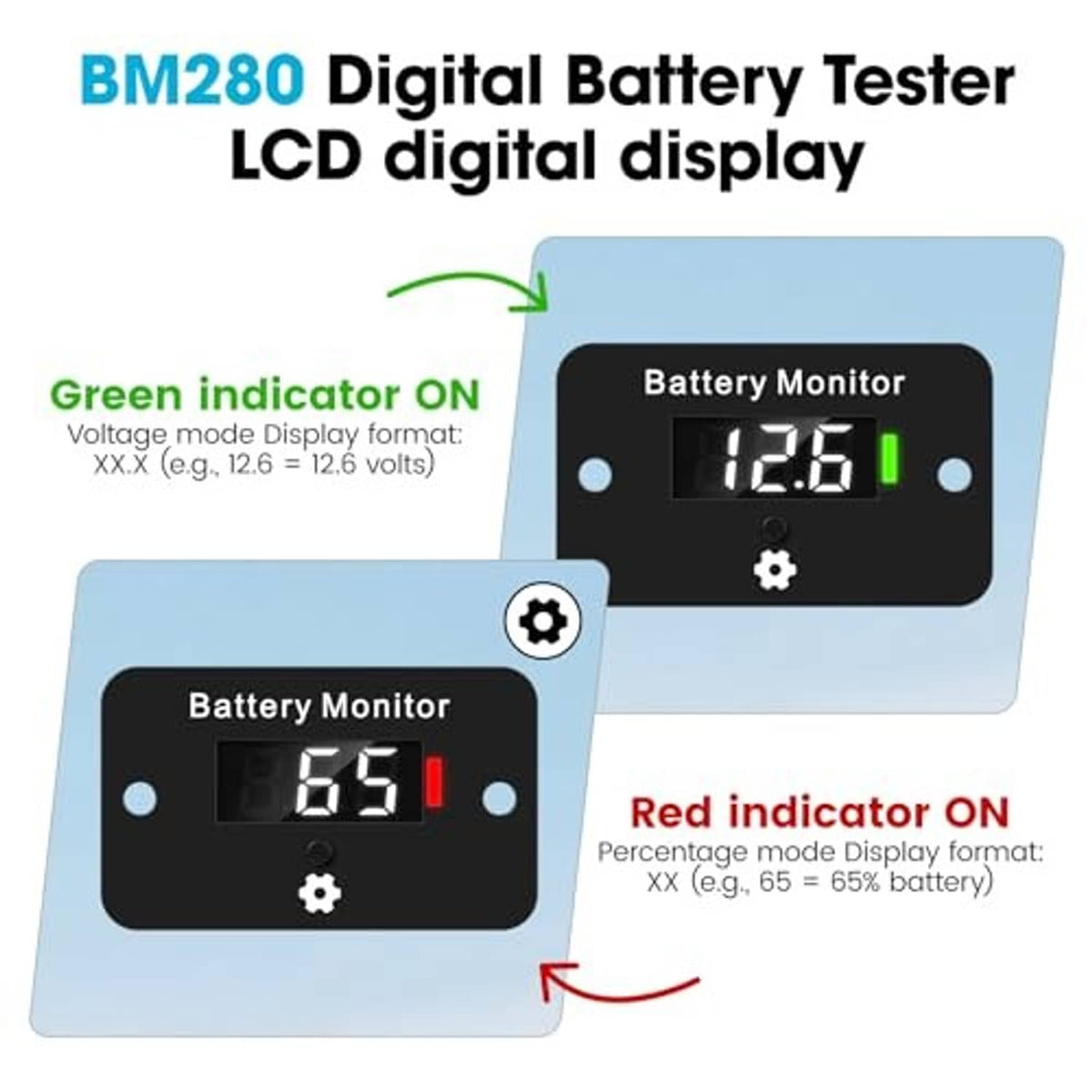 Digital battery gauge with LCD display and green/red indicator lights for battery status