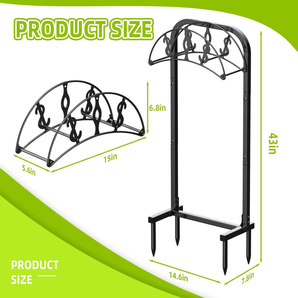 Freestanding hose holder stand with black metal frame and four-loop hose rack, size view