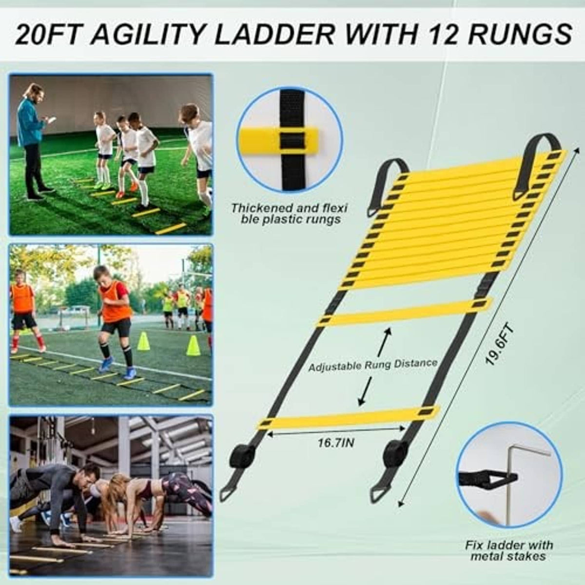 Yellow 20 ft agility ladder with black rungs and adjustable rung distance