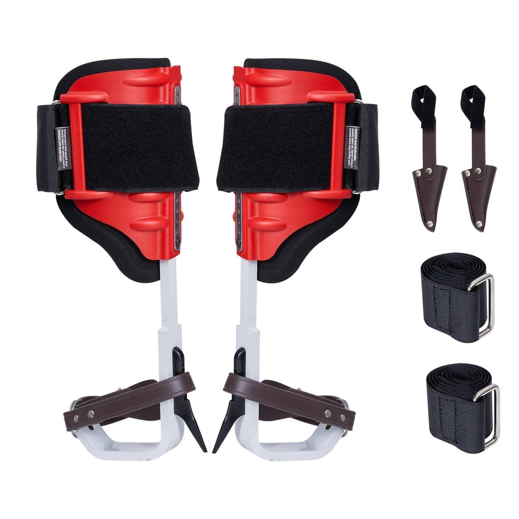Red and black tree climbing spikes set with padded leg straps and steel prongs