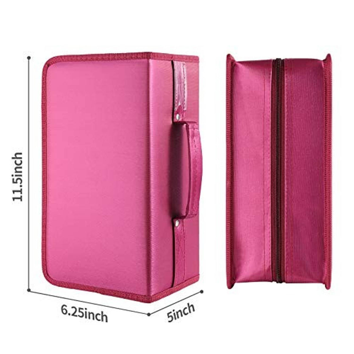 Pink disc storage case showing front pocket and side zipper compartment.