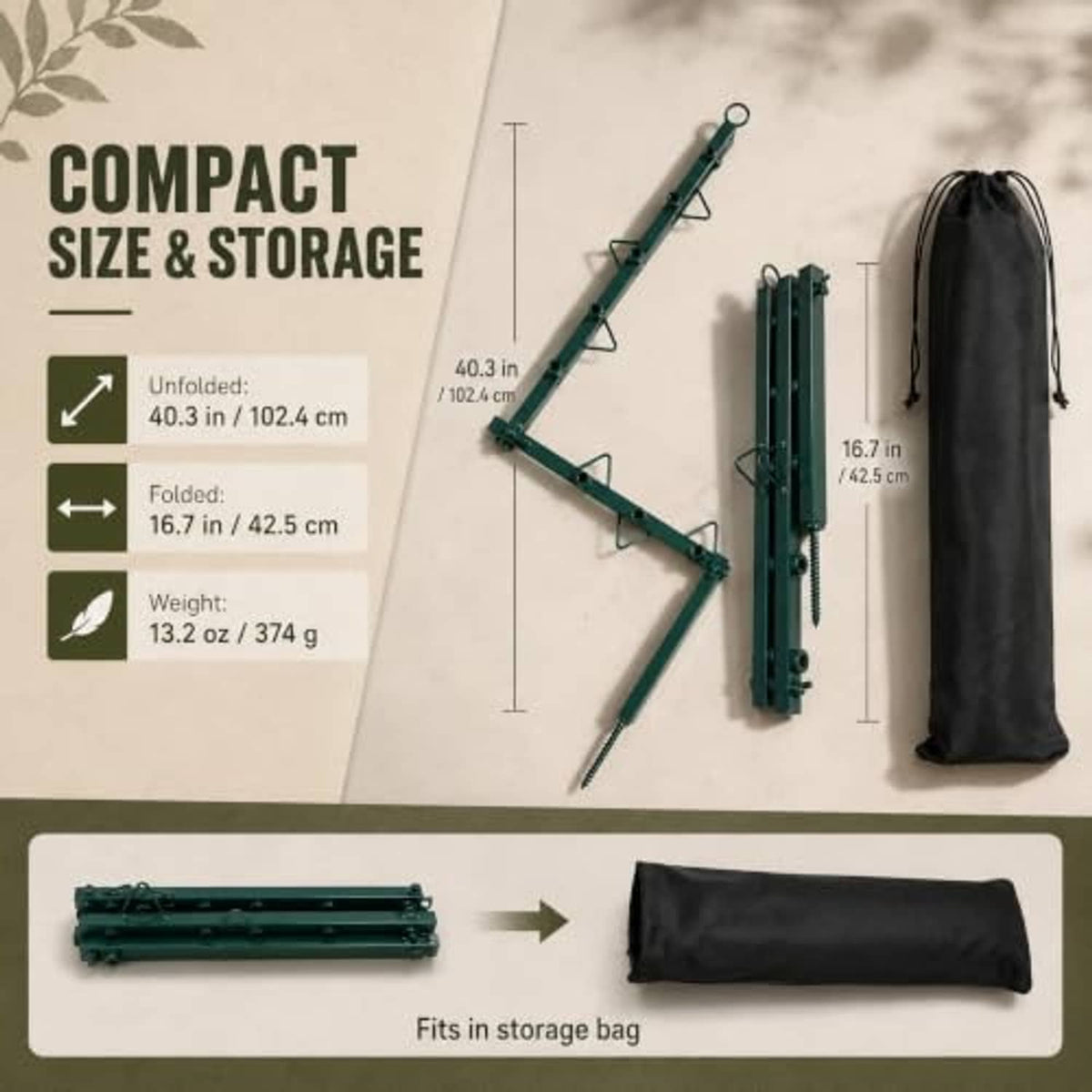 Foldable hunting camouflage stand with green frame, compact carry bag, and folded sections