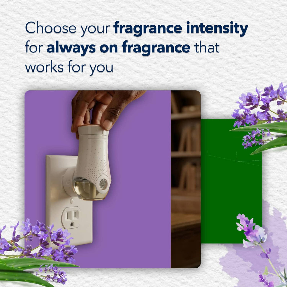 Hand inserting plug-in refill for adjustable fragrance intensity