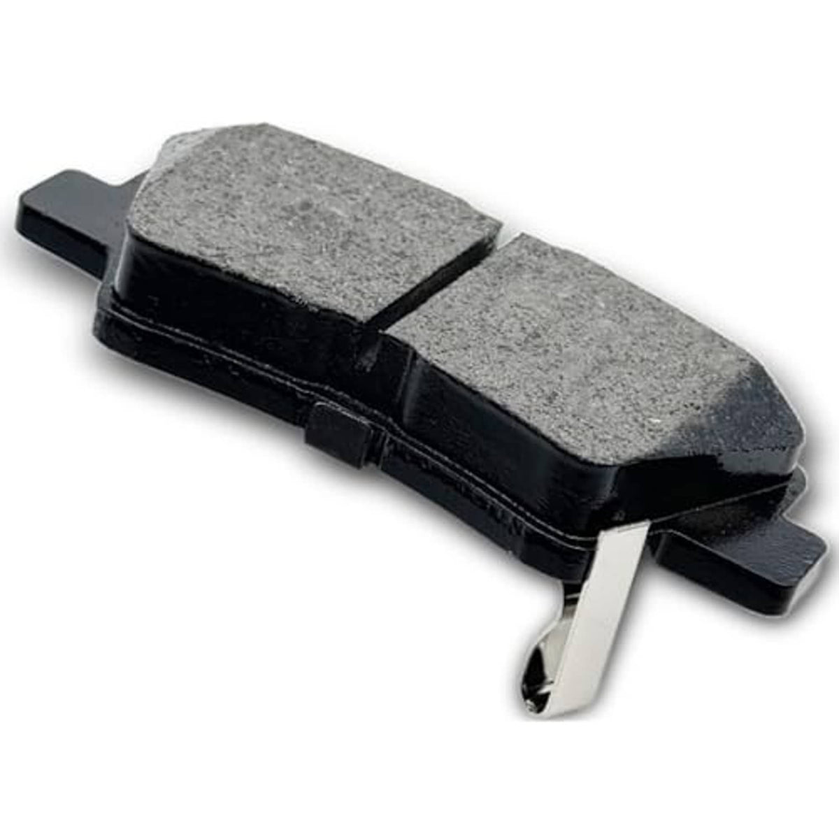 Ceramic brake pads with gray friction material, black backing, silver metal pins
