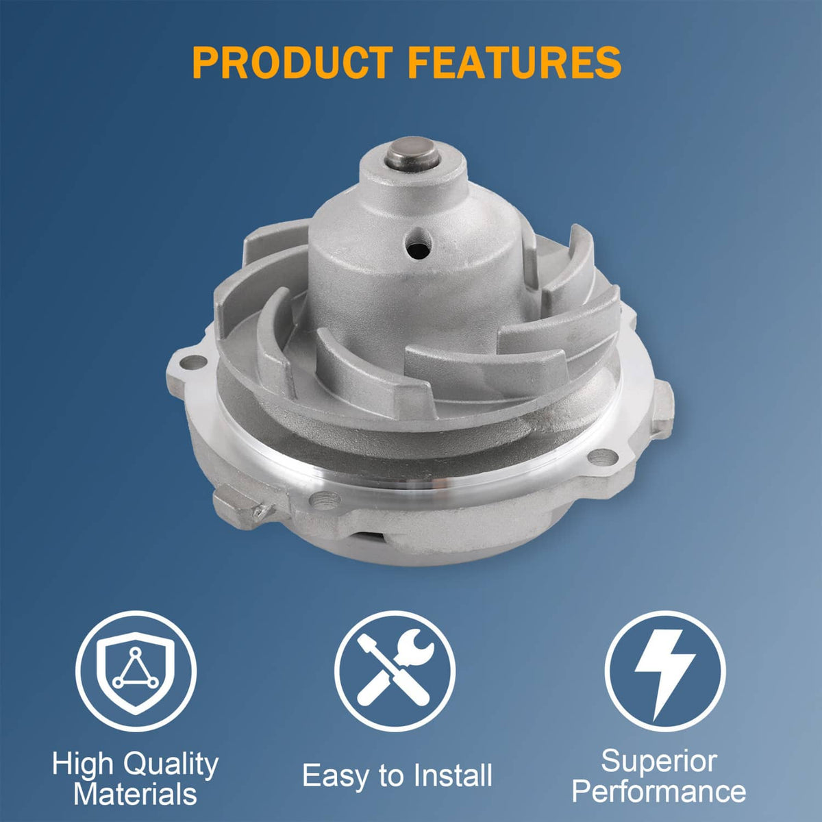Water pump with top inlet cap and circular front housing; product features icons
