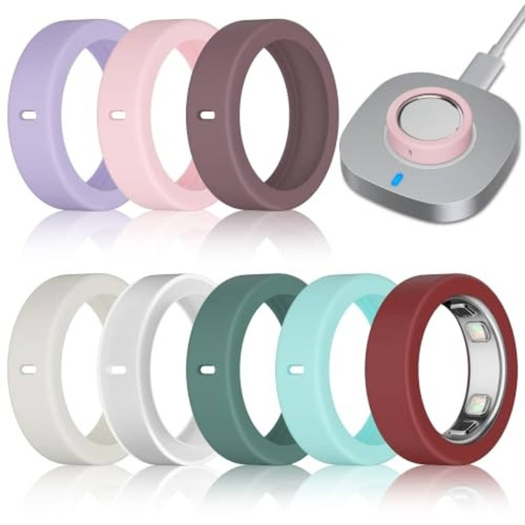 Ultra-thin silicone ring cover set in purple, pink, brown, and teal shades