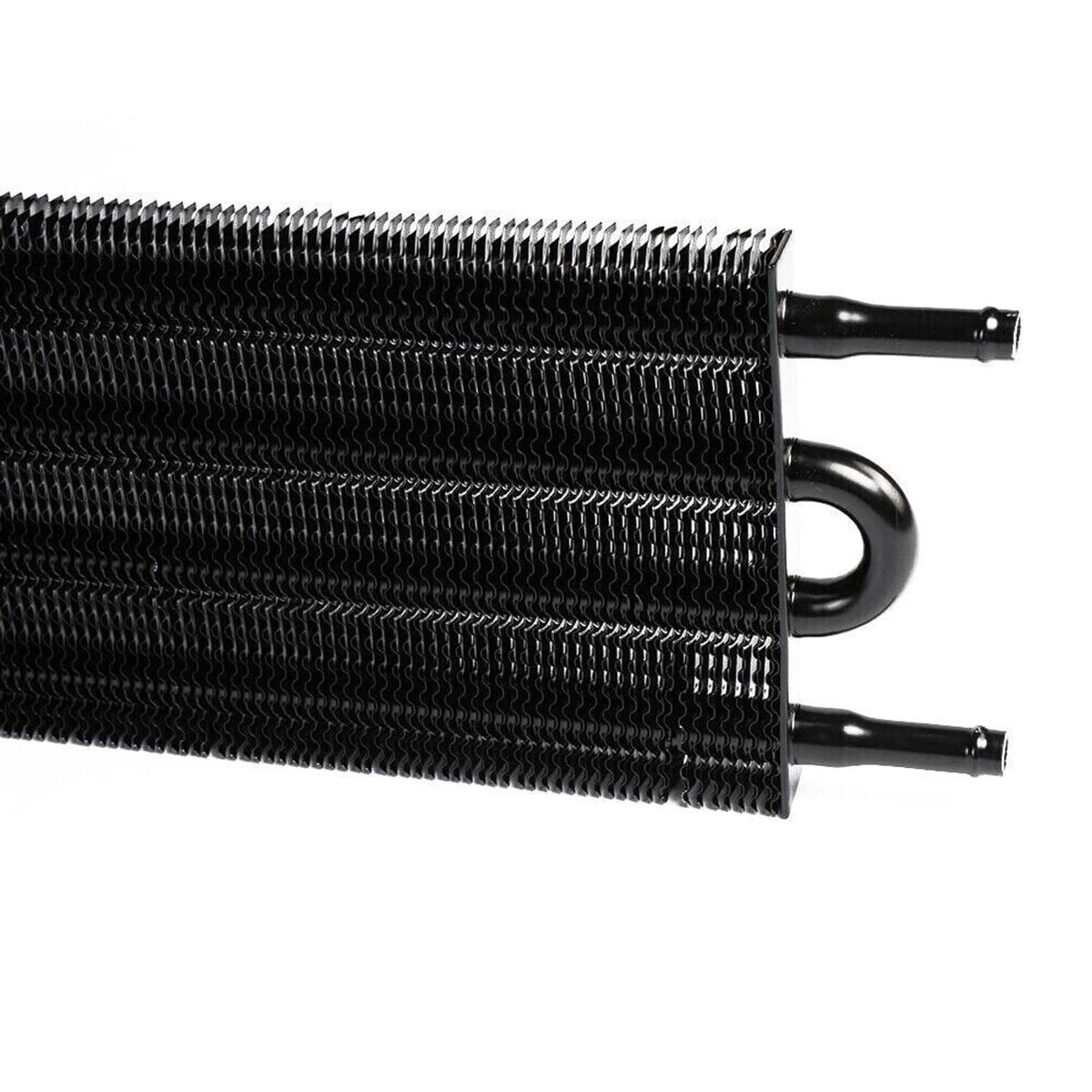 Close-up of black fin oil cooler core with U-shaped hose loop and tube ends