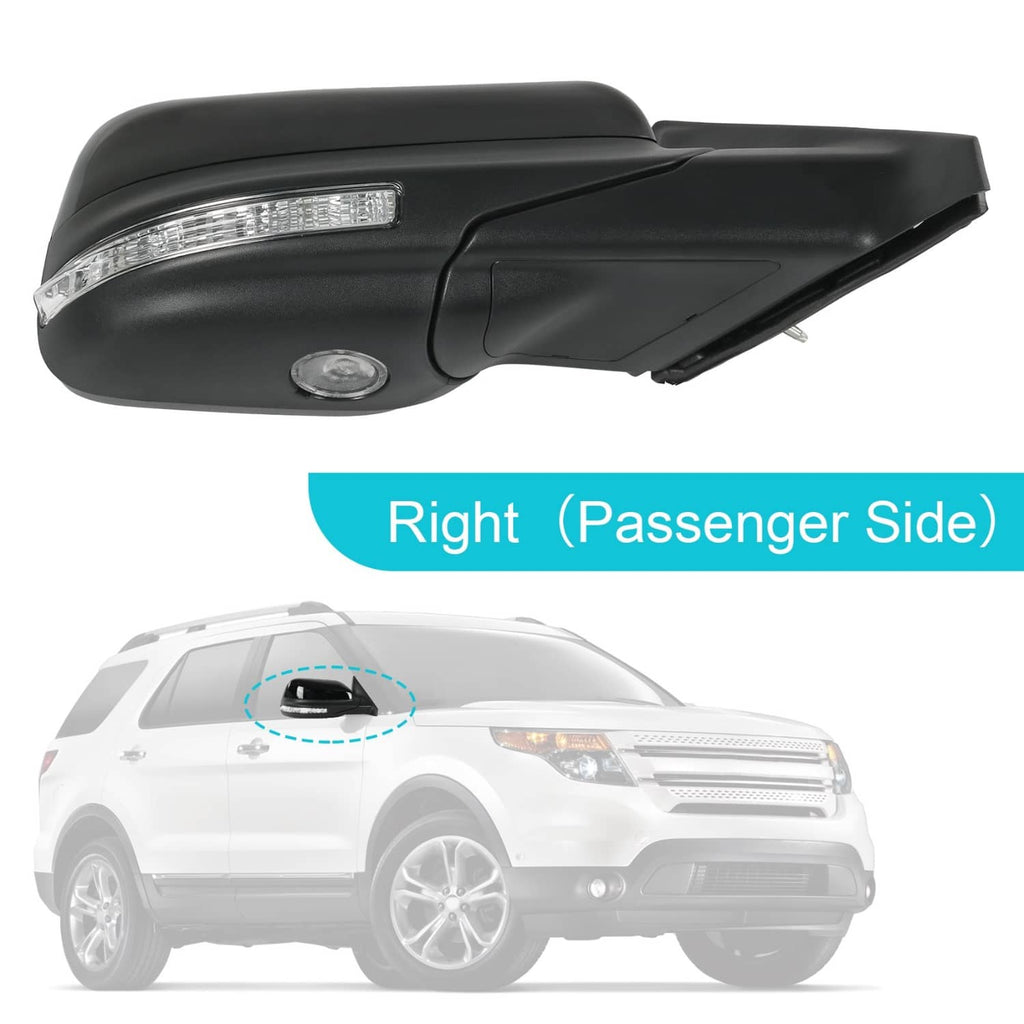 Right passenger side mirror with LED turn-signal strip and puddle light lens