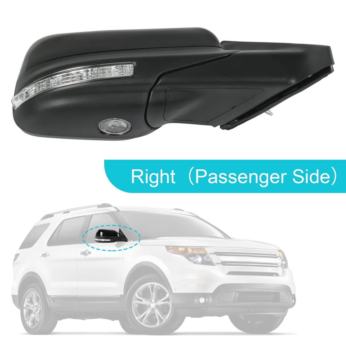 Right passenger side mirror with LED turn-signal strip and puddle light lens