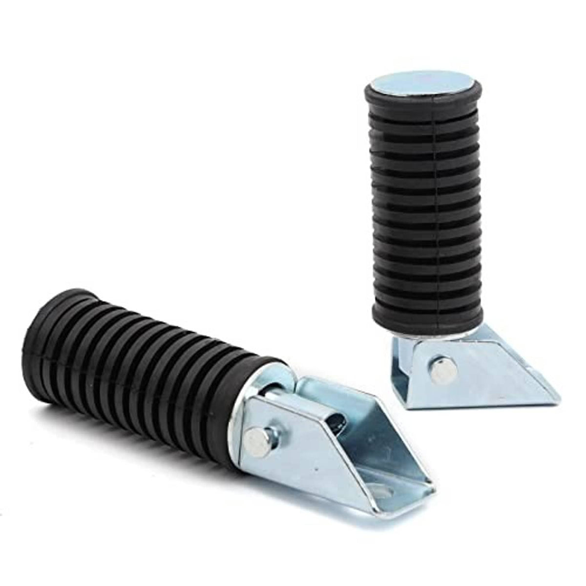 Pair of folding mini bike foot pegs with black ribbed grips and silver mounting plates