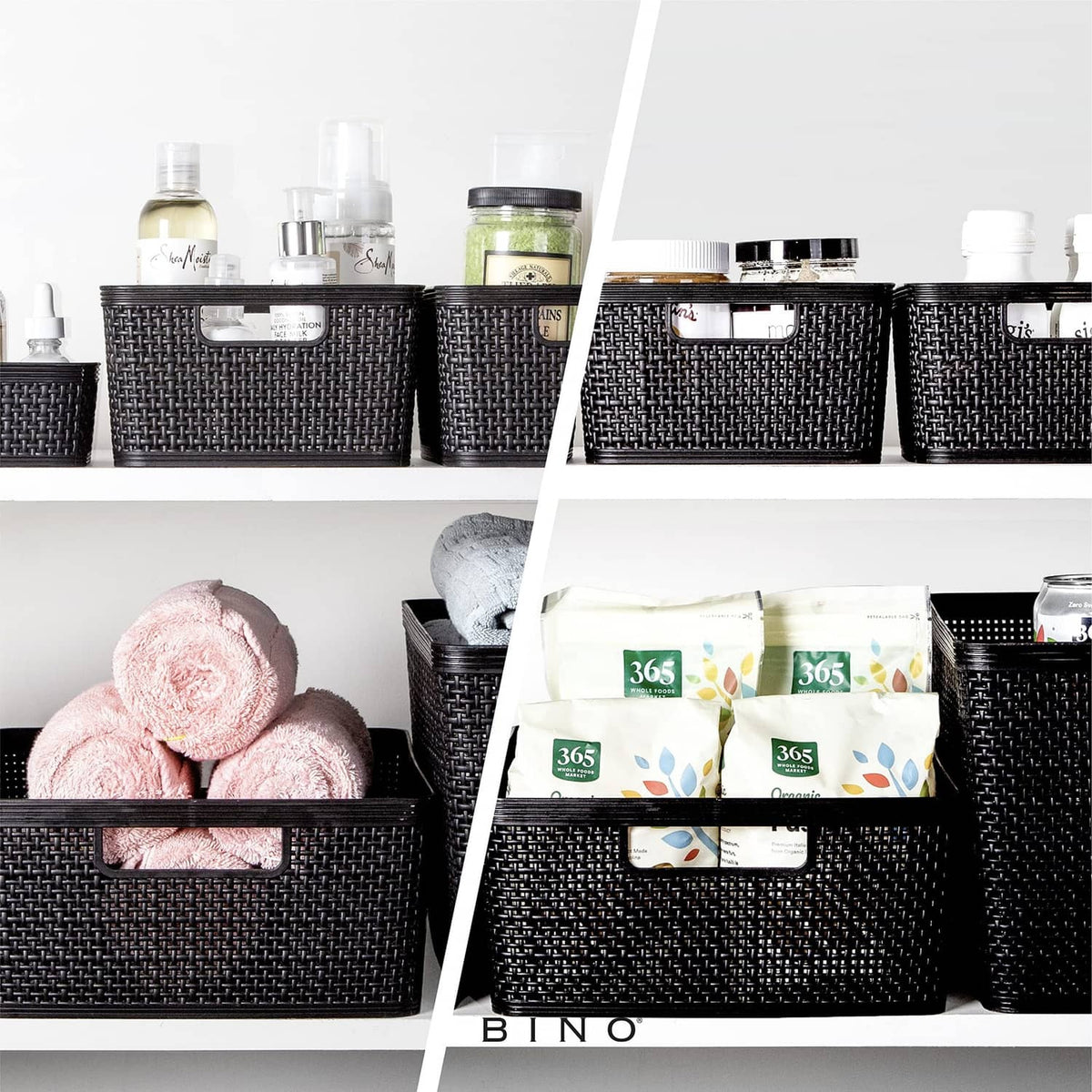 Medium black woven plastic storage bins with toiletries and packaged items