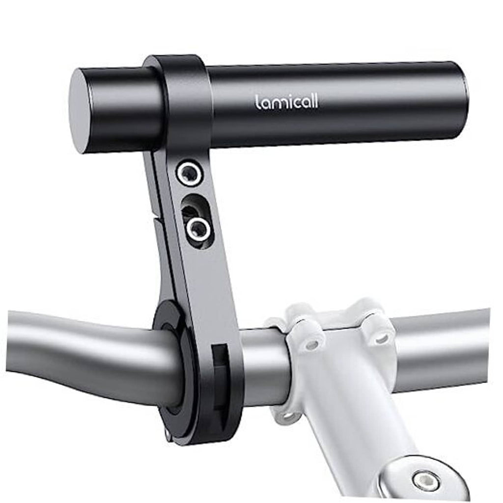 Black aluminum bike handlebar extender with clamp and end bar on gray handlebars