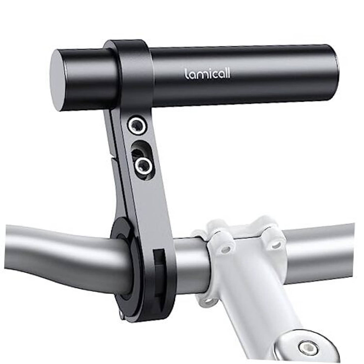 Black aluminum bike handlebar extender with clamp and end bar on gray handlebars