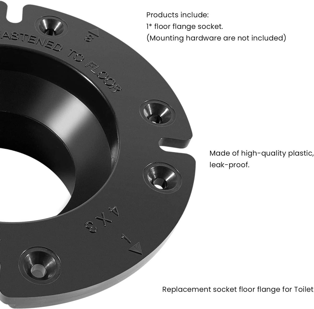 Black toilet floor flange socket with side mounting holes and embossed markings
