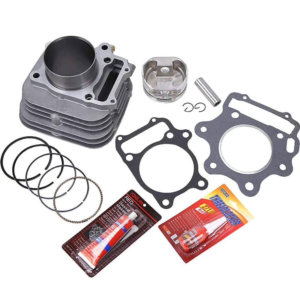 Cylinder and piston kit with gasket set, piston rings, and replacement hardware pieces
