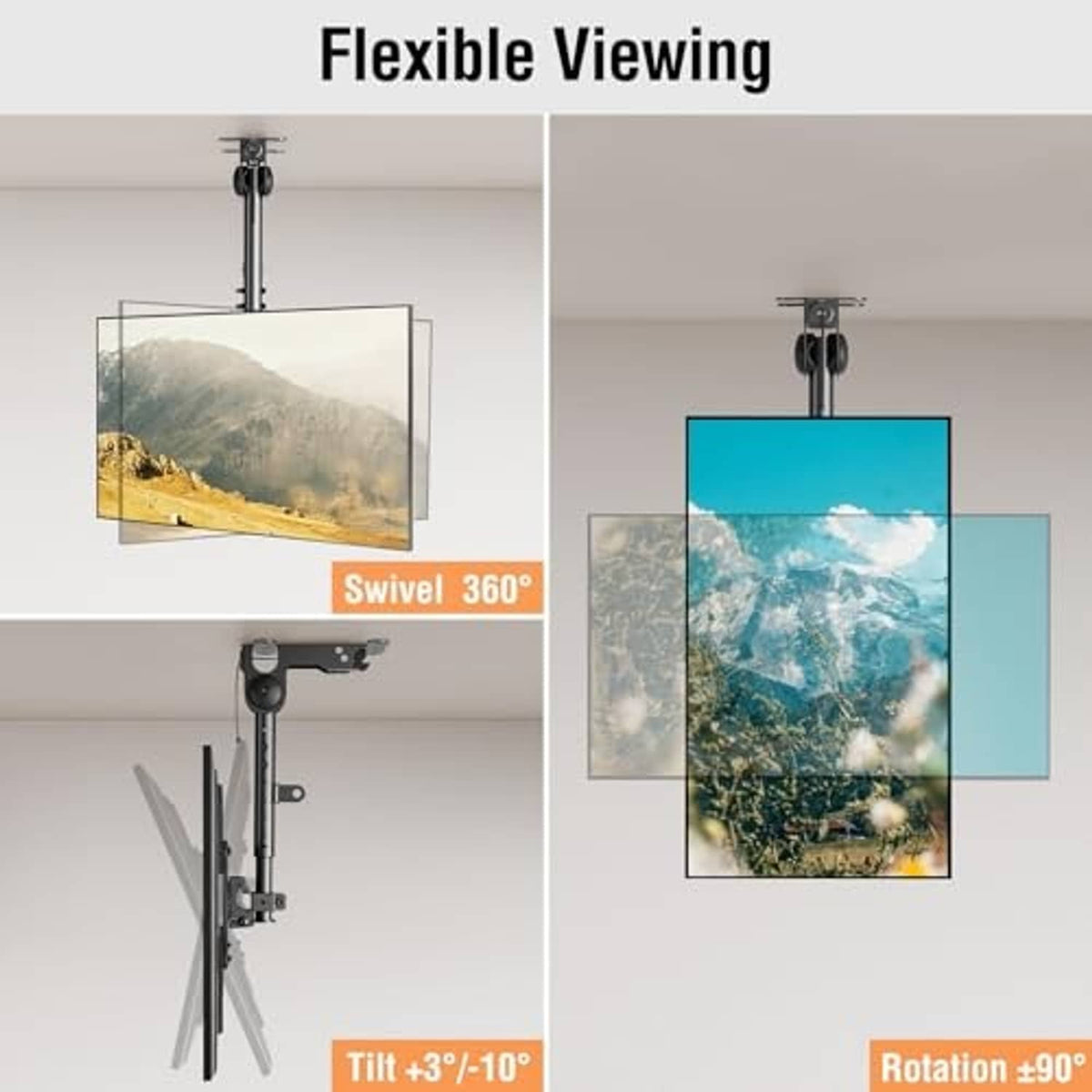 Ceiling TV mount with swivel and tilt joint, supporting rectangular TV bracket plate