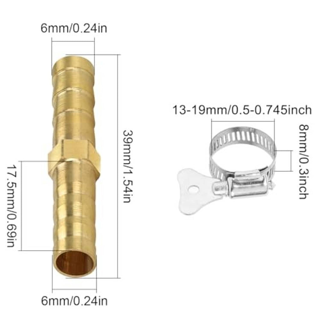 Brass straight barbed hose fitting with metal clamp, 6mm