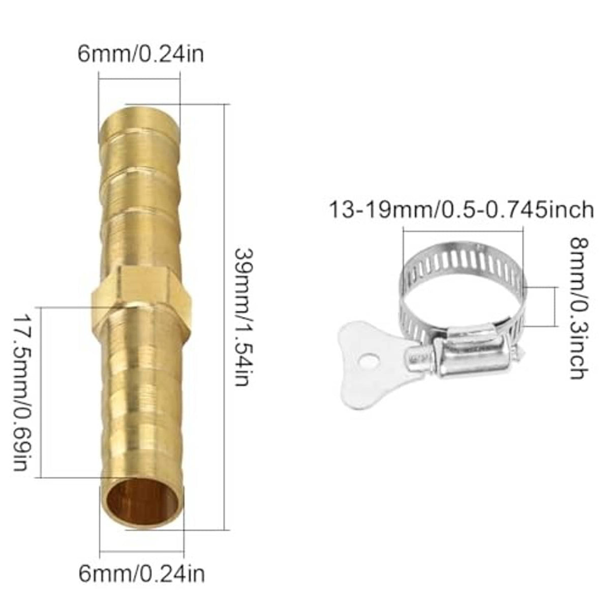 Brass straight barbed hose fitting with metal clamp, 6mm