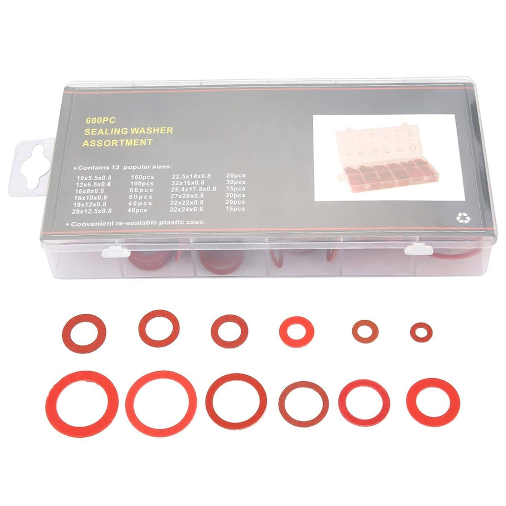 Red sealing washer assortment in clear case with multiple red ring washers