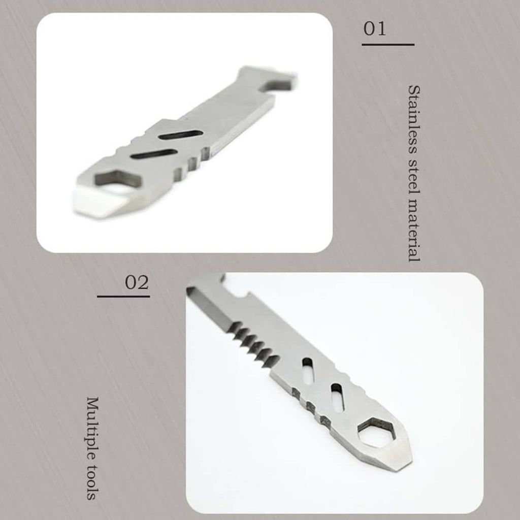 Stainless steel fire starter striker scraper tool, two views showing hex hole and serrations