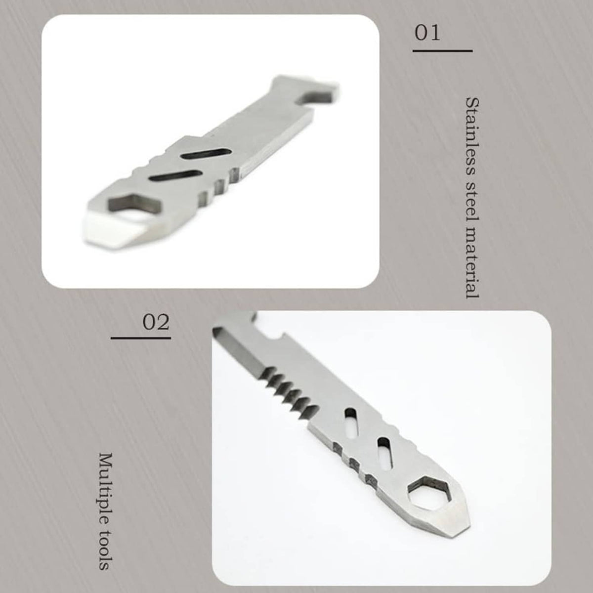 Stainless steel fire starter striker scraper tool, two views showing hex hole and serrations