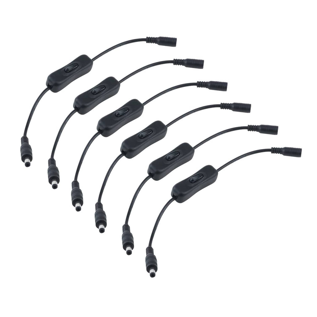 Black DC inline on/off switch cable set, six inline switches with 5.5x2.1mm DC plugs