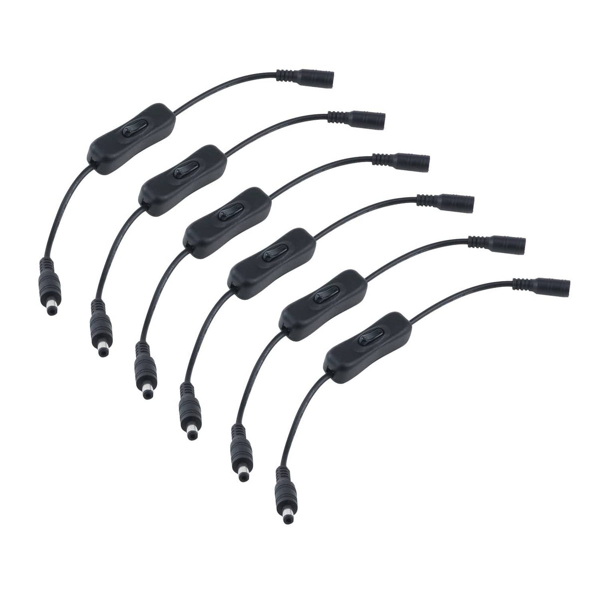 Black DC inline on/off switch cable set, six inline switches with 5.5x2.1mm DC plugs