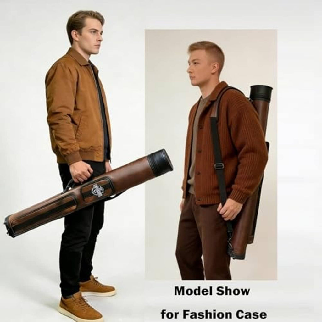Brown pool cue case worn on shoulder with wide strap and hard-shell tube ends