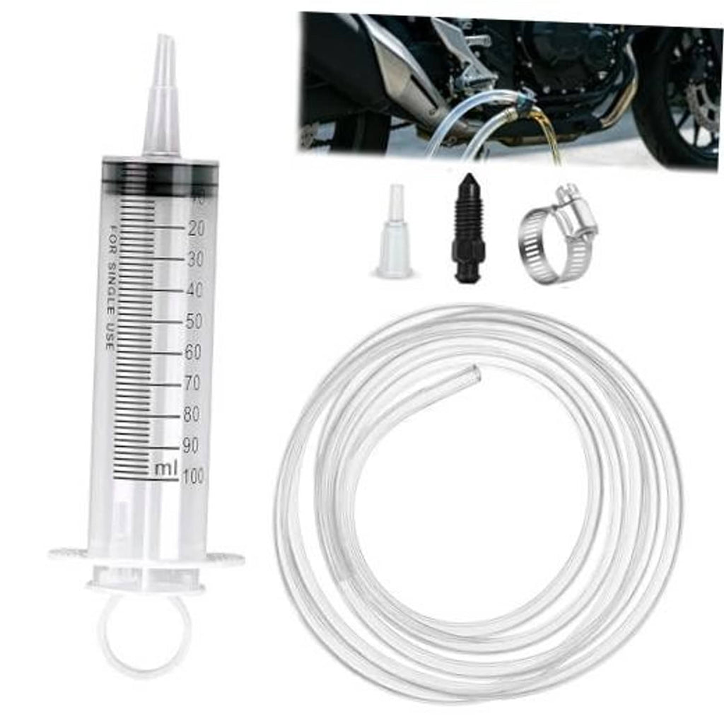 Hydraulic brake bleeder kit with clear 100 ml syringe and long suction hose coil